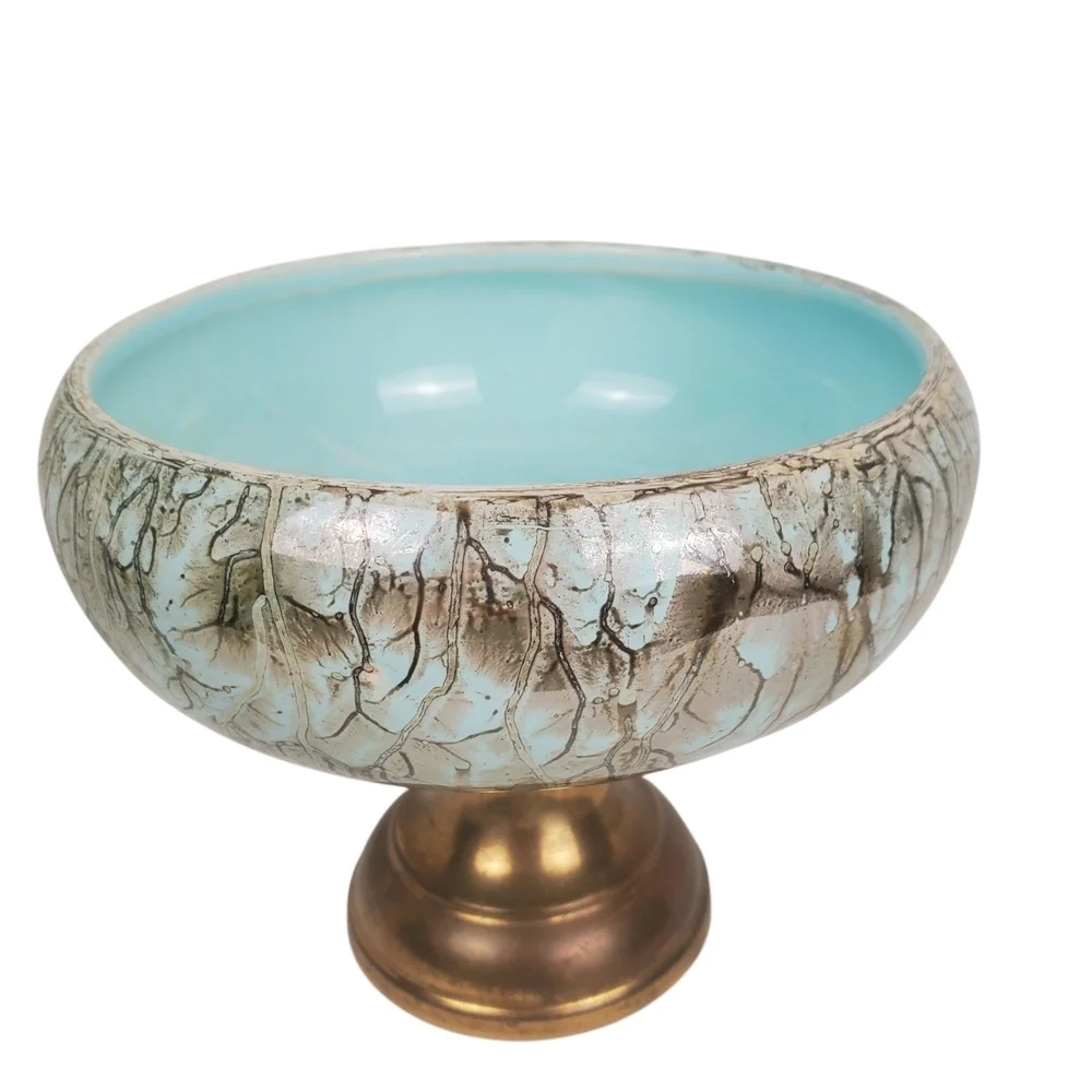 Vintage Mid-Century Modern Delft Holland Pedestal Bowl - Hand-Painted Turquoise